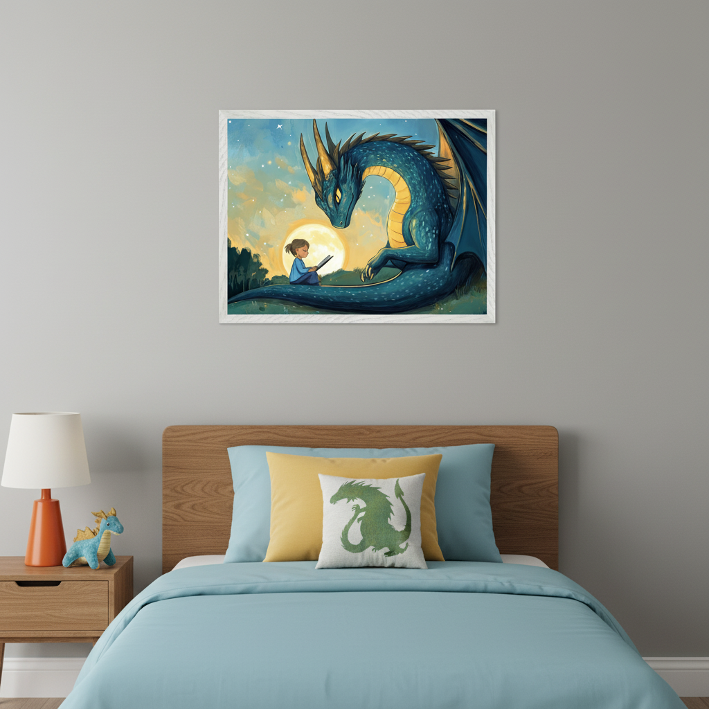 Kid's bedroom with a wooden bed and blue bedding. Above the bed, a framed fantasy illustration shows a large blue dragon watching a child read under a full moon. A nightstand with an orange lamp and a blue dragon toy is on the left.