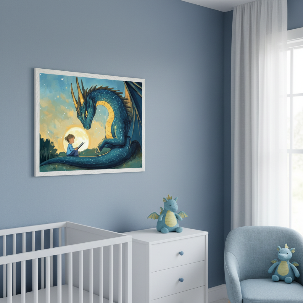 Modern nursery with a blue wall. A white crib is on the left, a white dresser in the center, and a light blue armchair on the right. A large framed print featuring a girl reading a book to a blue dragon under a moonlit sky in an illustrative style hangs above the crib and dresser.