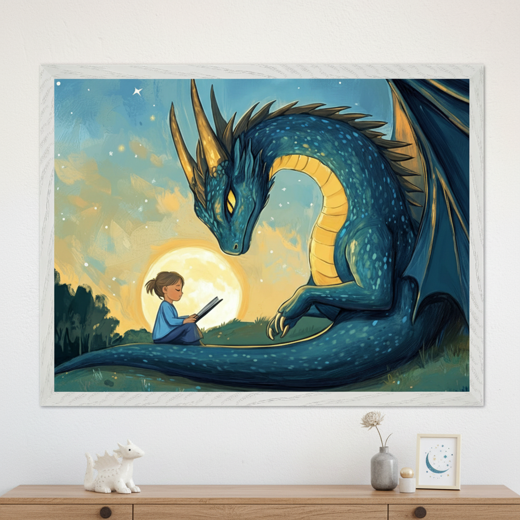 A framed illustration of a young girl sitting peacefully on the ground, reading a book while a large, friendly dragon gazes down at her. The dragon, with shimmering blue scales and golden eyes, rests its head near the girl under a glowing full moon. The background features a calm, starry sky and soft clouds, adding to the magical, serene atmosphere. Below the artwork, a white dragon figurine and a decorative vase sit on a wooden dresser, complementing the whimsical scene.