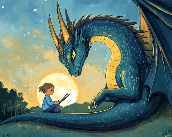 A young girl sits on a grassy hill, engrossed in a book, with a large, friendly blue dragon beside her. The dragon's golden eyes gaze at the girl, and its scales glisten under the starry sky. A bright full moon illuminates the serene scene.
