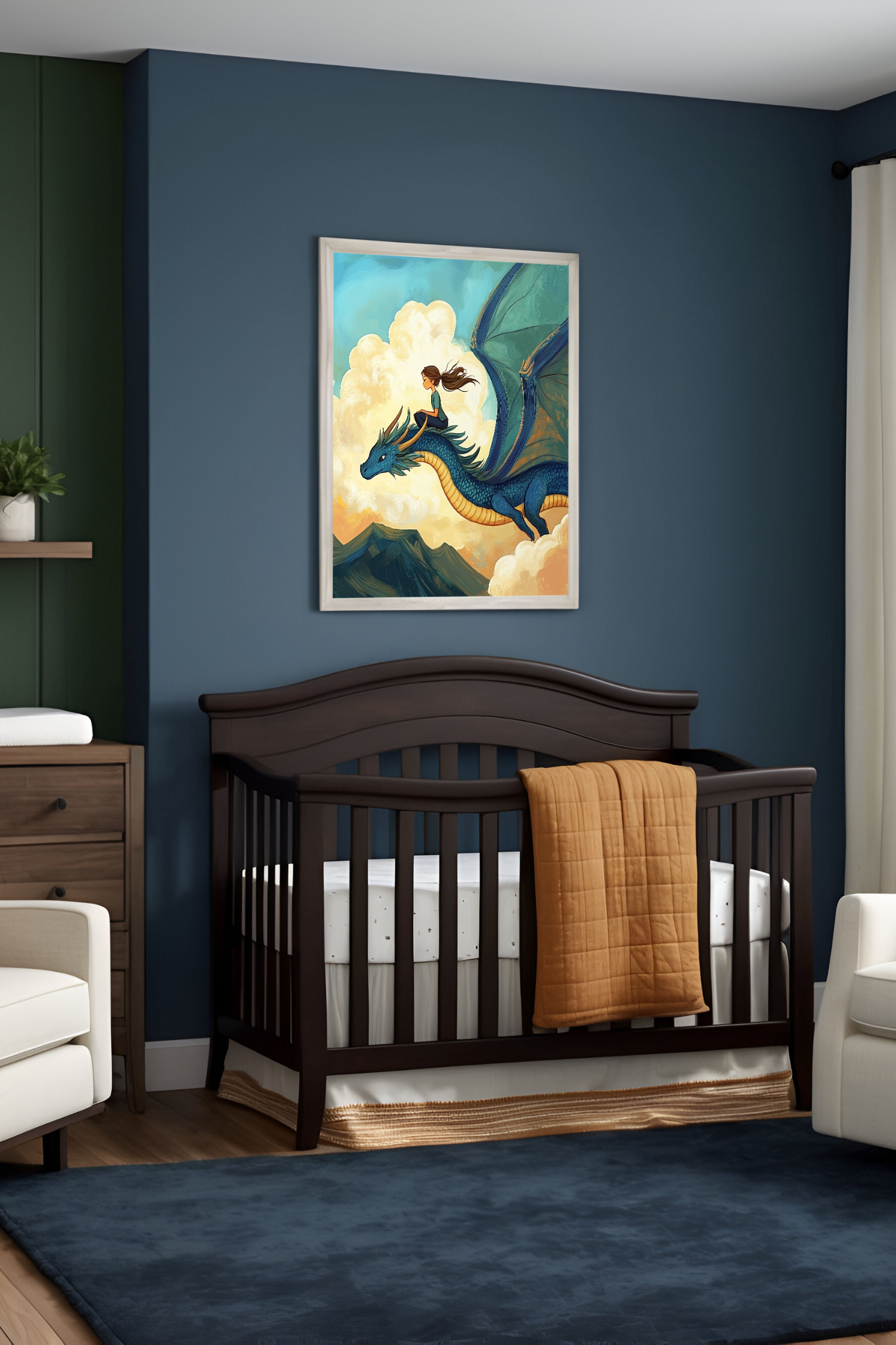 A nursery room decorated with rich, dark wood furniture, deep blue walls, and a plush navy rug. Above the crib, a framed painting depicts a young girl joyfully riding a majestic blue dragon through a sky filled with fluffy clouds, evoking adventure and imagination in the nursery's design.