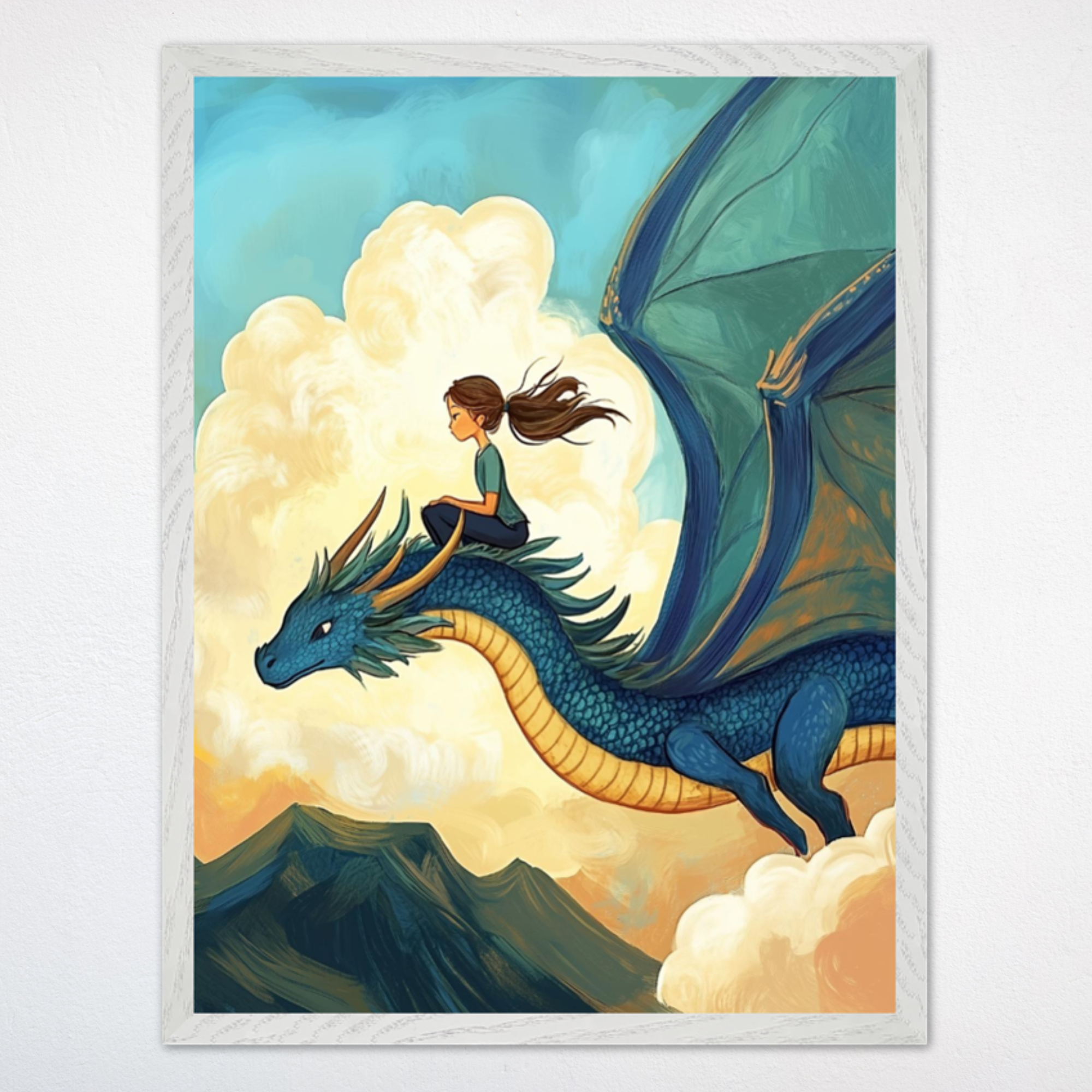 An illustration of a girl riding on the back of a blue dragon with golden horns and outstretched wings, soaring above mountain peaks and fluffy clouds. The girl's hair blows in the wind as she kneels confidently, capturing a moment of peaceful adventure in the sky.