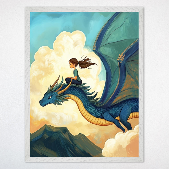 An illustration of a girl riding on the back of a blue dragon with golden horns and outstretched wings, soaring above mountain peaks and fluffy clouds. The girl's hair blows in the wind as she kneels confidently, capturing a moment of peaceful adventure in the sky.
