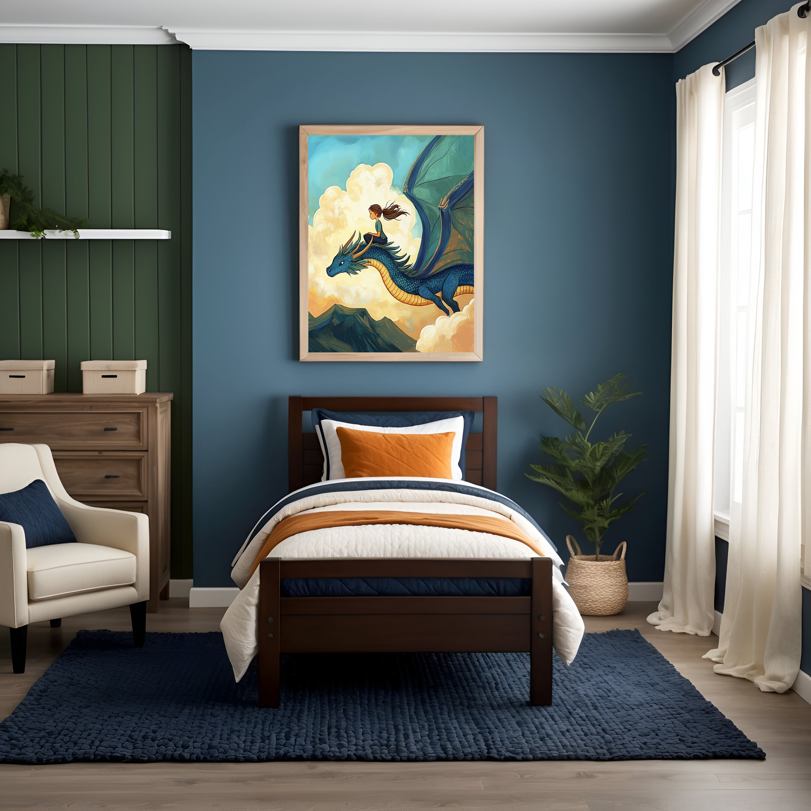 Stylish, dark-toned kid's bedroom with deep blue walls, a dark wood twin bed, and navy, white, and burnt orange bedding. A framed fantasy illustration above the bed shows a young girl riding a blue dragon through sunlit clouds over mountains.