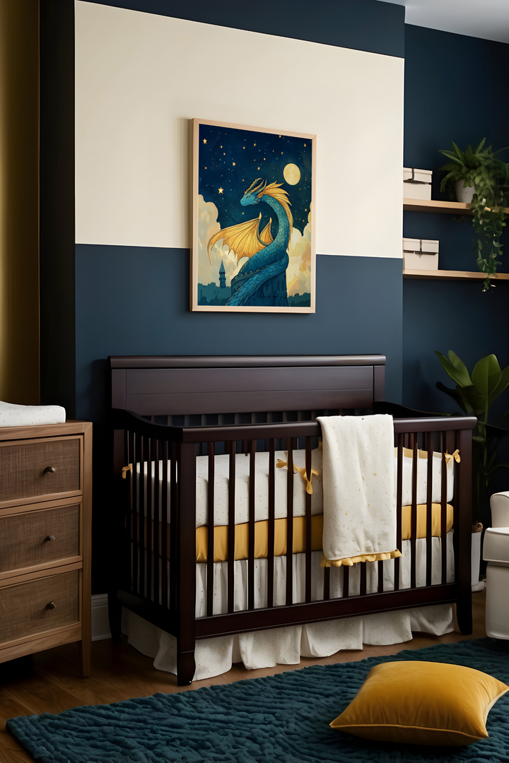 Charming nursery designed with deep navy walls accented by mustard-yellow bedding, lush greenery, and a plush teal rug, creating a cozy atmosphere. Above the crib hangs a whimsical painting of a majestic blue dragon perched beneath a starry night sky and glowing moon, adding magic and wonder to the room's decor.
