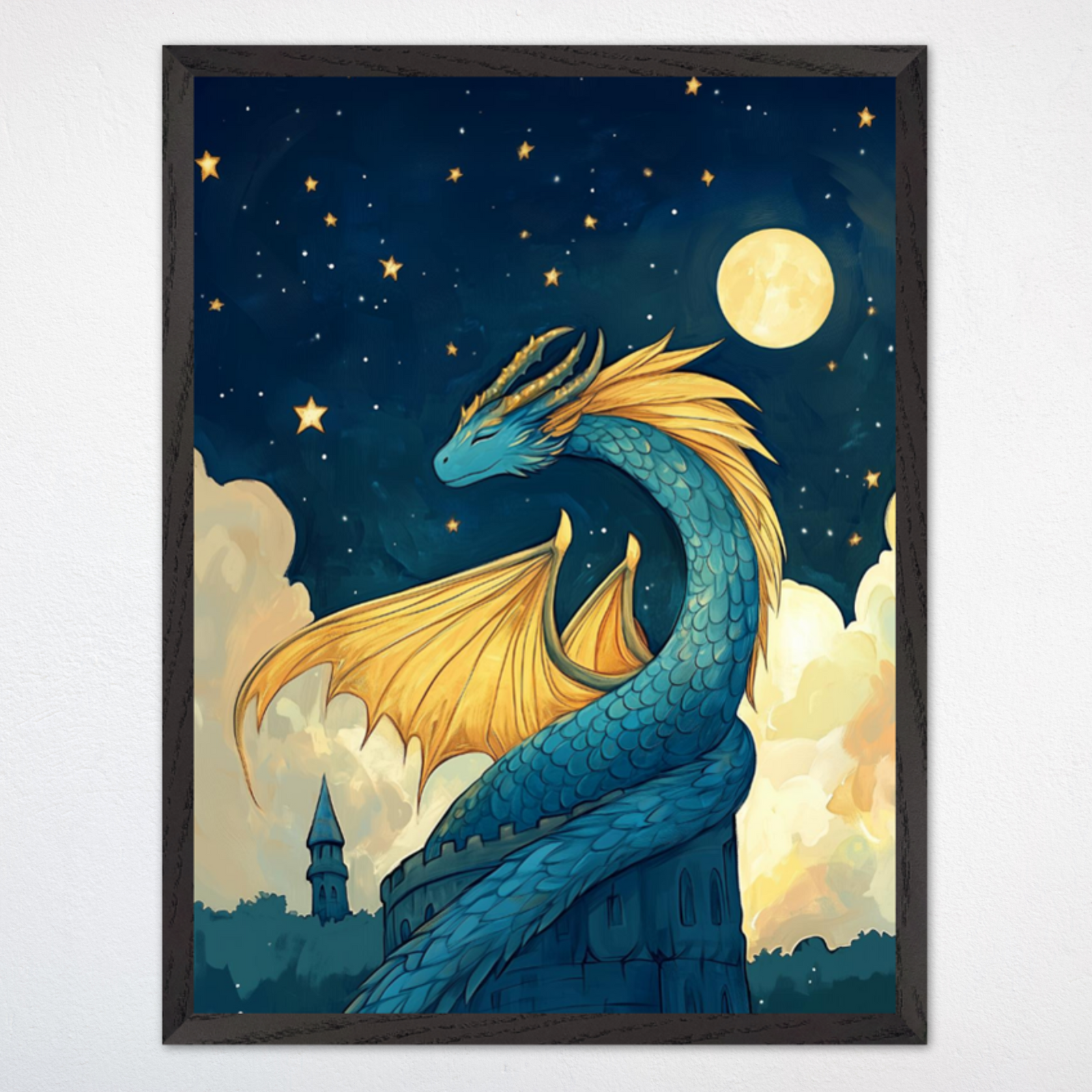Majestic illustration of a blue dragon with glowing golden wings and horns coiled protectively around a castle tower under a starry night sky. A full moon and scattered stars light the scene, creating a magical, watchful ambiance above the sleeping landscape.