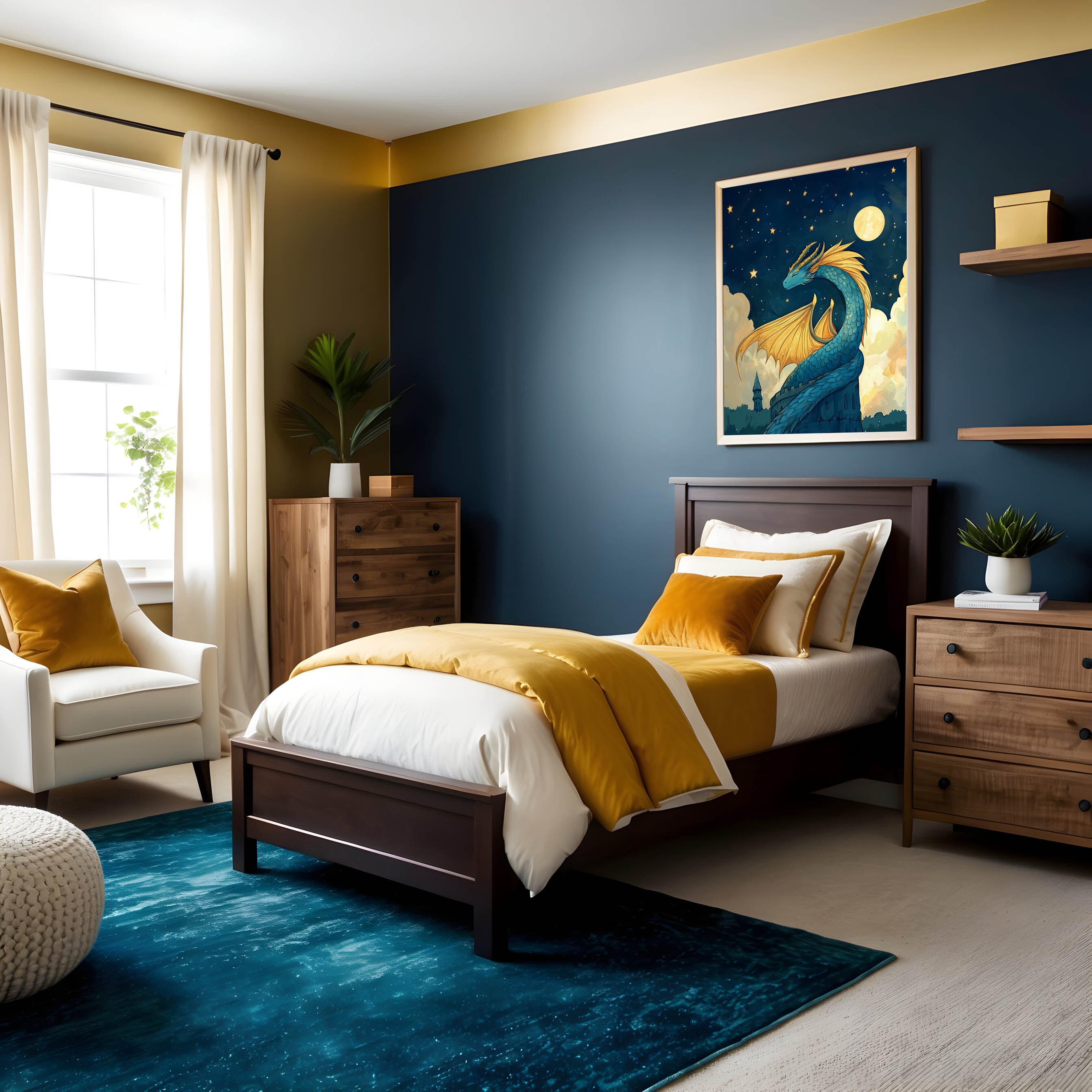 Bold and cozy child’s bedroom with dark blue and golden yellow walls, featuring a dark wood bed with white and mustard bedding atop a deep blue rug. Above the bed, a framed illustration shows a majestic blue dragon with golden wings gazing at a glowing full moon in a starry night sky.