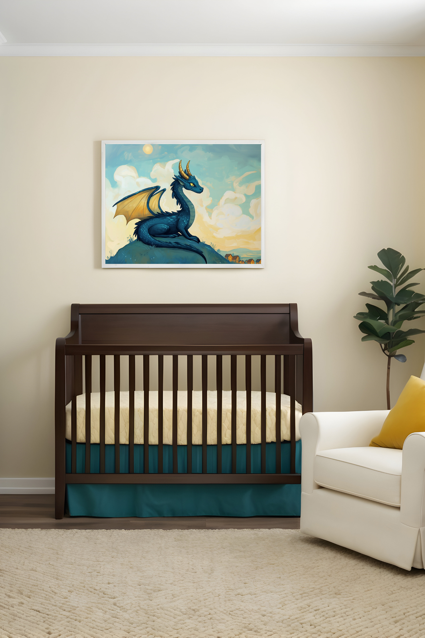 Soothing nursery featuring soft cream walls, a wooden crib dressed in teal and yellow bedding, and gentle decor accents. Above hangs a charming painting of a peaceful dark-blue dragon with yellow wings, perched calmly on a grassy hill under a bright, cloud-filled sky, adding whimsy and tranquility to the space.