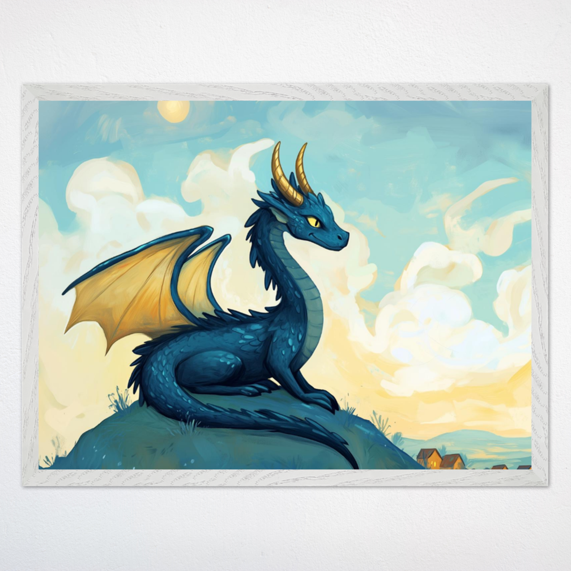 Charming illustration of a small blue dragon with golden horns and wings perched proudly on a grassy hill, overlooking a distant village under a bright sky with soft clouds. The dragon's alert posture and serene surroundings evoke a sense of quiet watchfulness and fantasy charm.