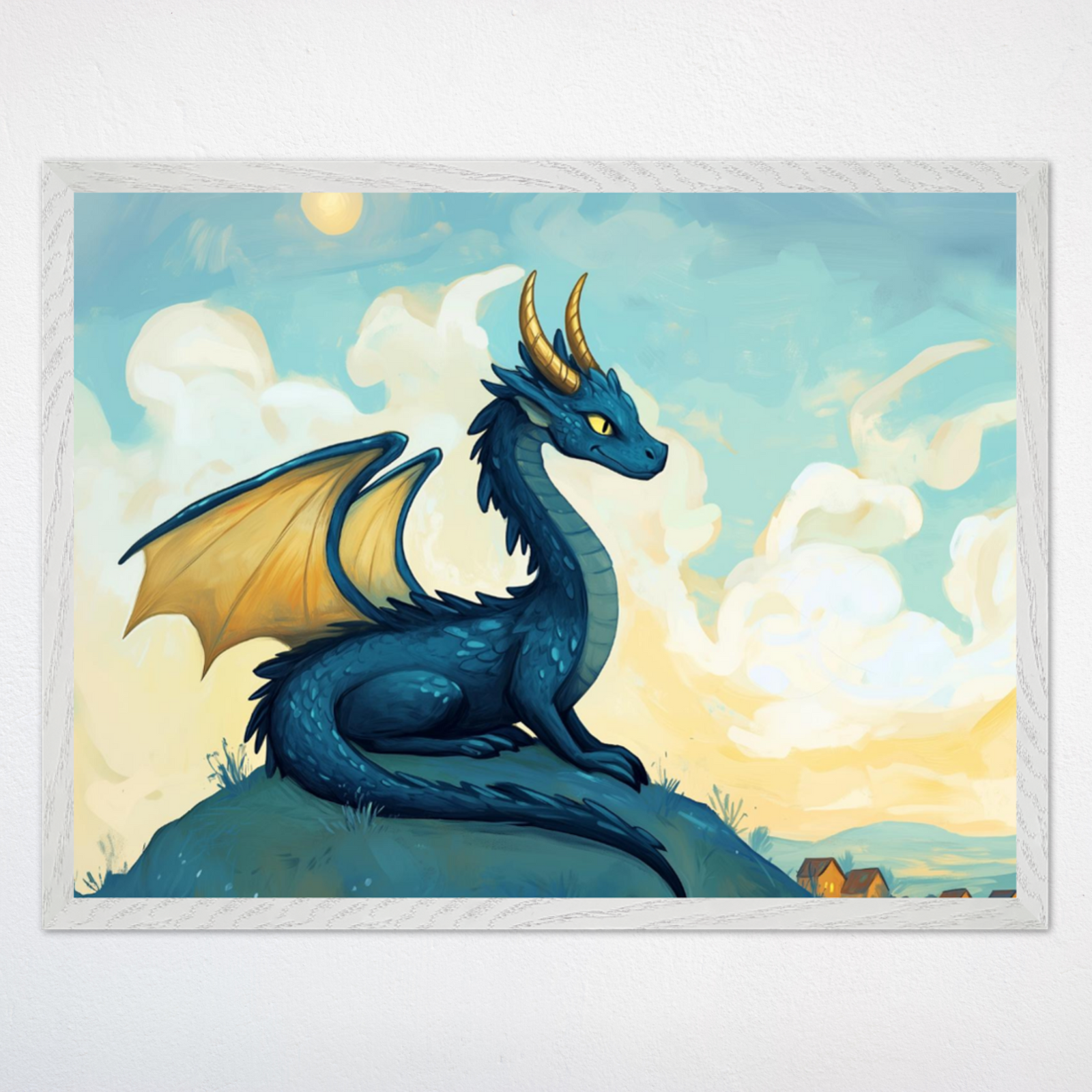 Charming illustration of a small blue dragon with golden horns and wings perched proudly on a grassy hill, overlooking a distant village under a bright sky with soft clouds. The dragon's alert posture and serene surroundings evoke a sense of quiet watchfulness and fantasy charm.