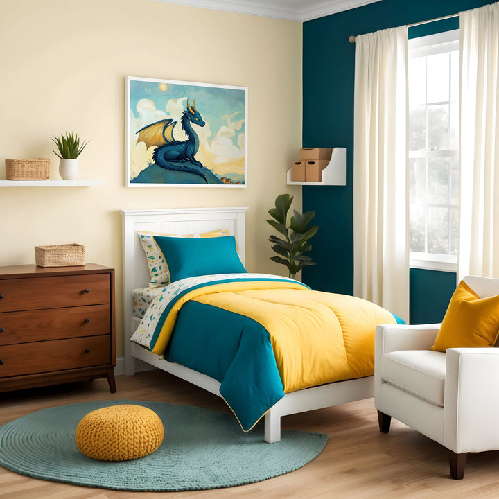 Bright and cheerful child’s bedroom with pale yellow and teal walls, featuring a white bed dressed in vibrant teal and yellow bedding on a soft blue circular rug. Above the bed, a framed illustration shows a regal blue dragon with golden wings sitting calmly atop a hill under a sunny, cloud-filled sky.