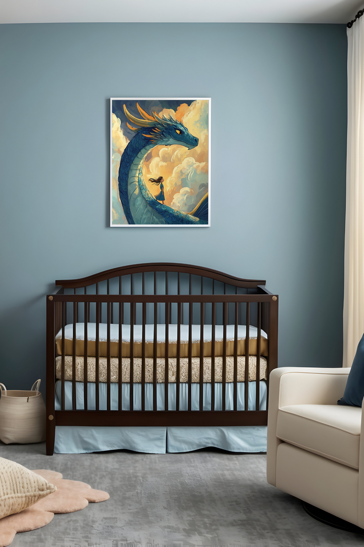 Peaceful nursery featuring calming blue walls, a wooden crib layered with cozy bedding, and soft decorative accents. Hanging above the crib is an enchanting painting depicting a young girl standing confidently on the back of a serene blue dragon, soaring among golden clouds, evoking dreams of adventure and companionship.