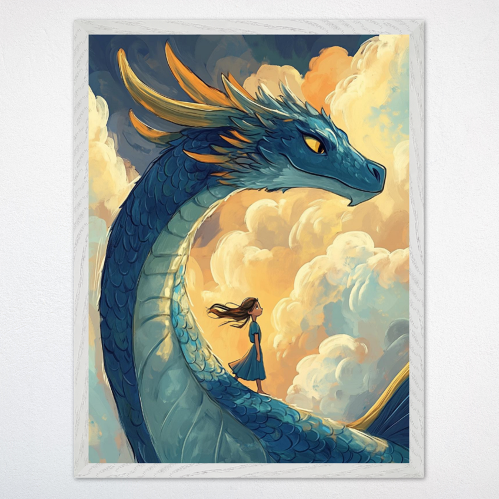 Whimsical artwork of a girl in a teal dress standing confidently on the back of a massive blue dragon with golden horns, surrounded by dramatic, swirling clouds. The dragon’s head is turned protectively toward the girl, evoking a sense of trust and epic adventure.