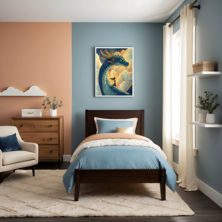 Soft and whimsical child's bedroom with blue and peach walls, featuring a dark wood bed with peach, sky blue, and cream bedding on a plush white rug. Above the bed, a framed fantasy illustration shows a young girl riding a tall blue dragon with golden horns as they rise into a dramatic sky filled with swirling clouds.