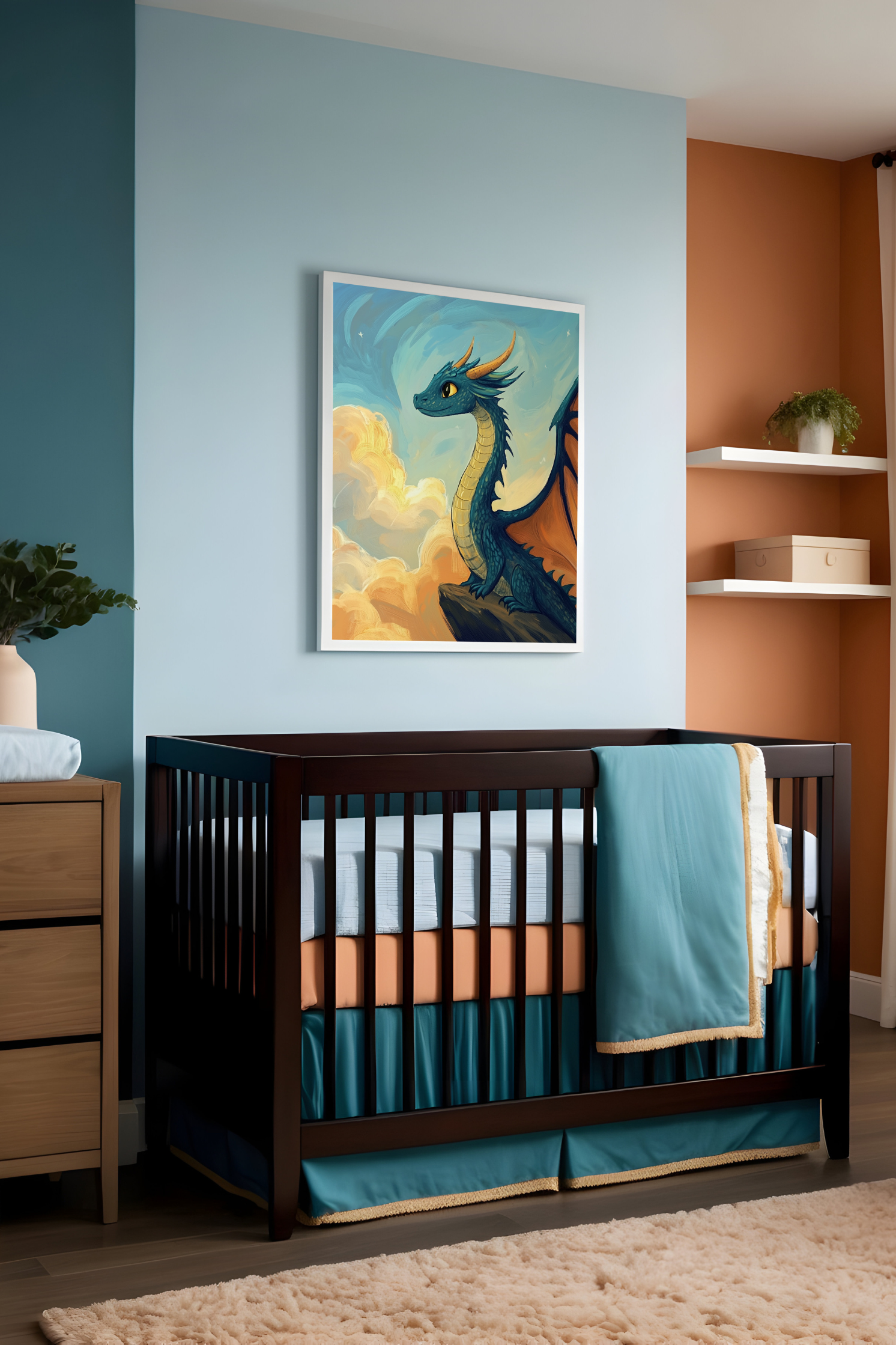 A serene nursery featuring soft blue and terracotta walls, complemented by teal and peach bedding for a welcoming atmosphere. Above the crib is a whimsical painting of a curious blue dragon perched atop a rocky cliff, gazing thoughtfully at the colorful, cloudy sky, adding a sense of wonder and tranquility to the space.