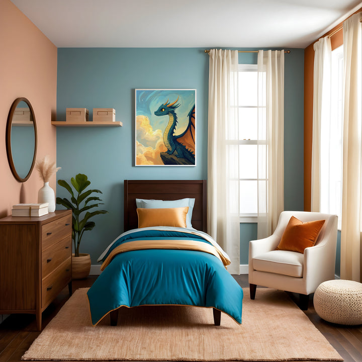 A vibrant child’s bedroom with peach and teal walls, featuring a dark wood bed dressed in teal, gold, and sky blue bedding on a soft tan rug. Above the bed, a framed illustration shows a blue dragon with orange wings perched proudly on a cliff, overlooking a golden sky filled with swirling clouds.