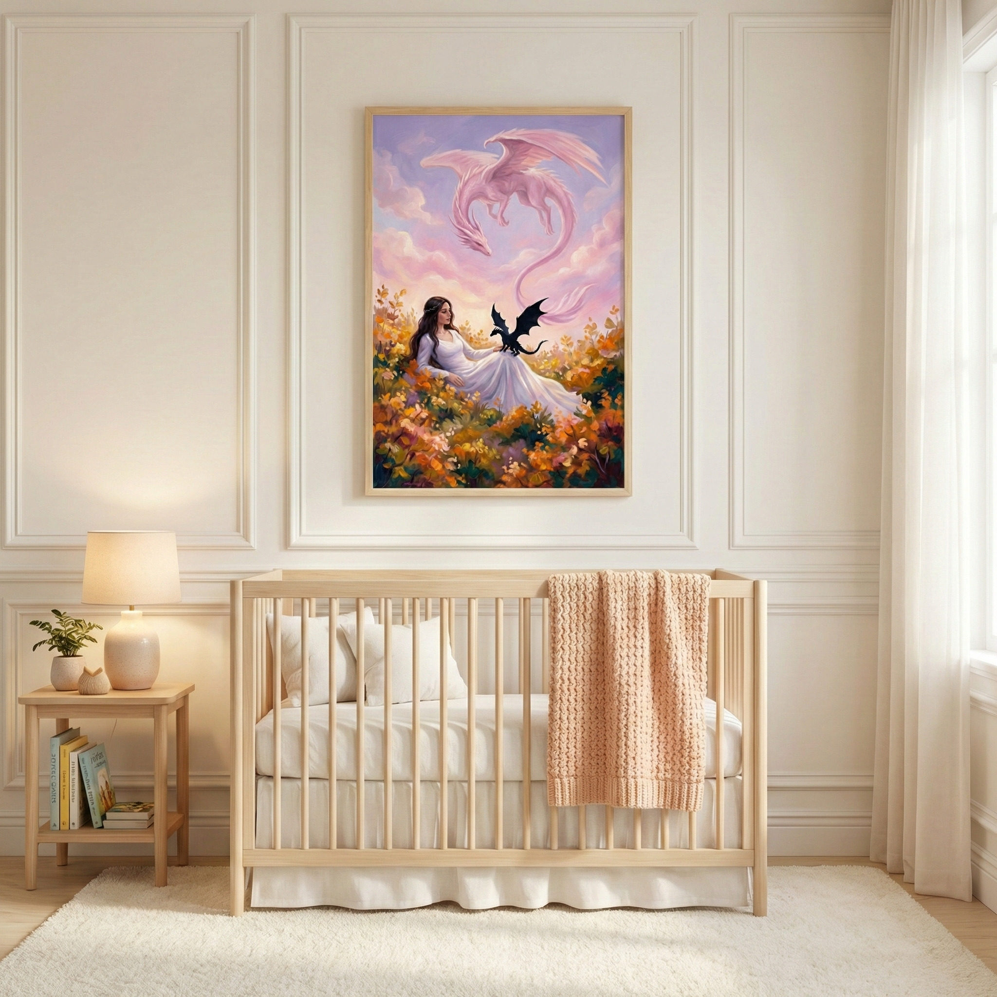 A cozy nursery features a wooden crib with a peach knitted blanket draped over the side. A small side table holds a lamp and a few children's books. Above the crib, a vibrant painting depicts a woman in a white dress sitting among colorful flowers with a black dragon, while a pink dragon flies above against a dreamy sky. Soft light filters through sheer curtains, adding warmth to the room.