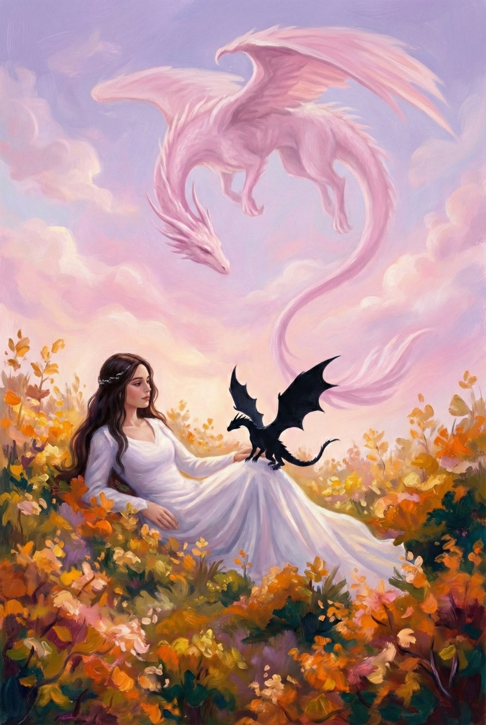 A digital illustration features a woman with long dark hair wearing a white gown, resting in a field of vibrant orange and yellow blossoms. A small black dragon with sharp wings is perched on her lap. Swirling above them in a pastel purple and pink sky is a large, elegant pink dragon with feathered wings and a long, flowing tail. The scene has a soft, whimsical aesthetic and a textured artistic style.