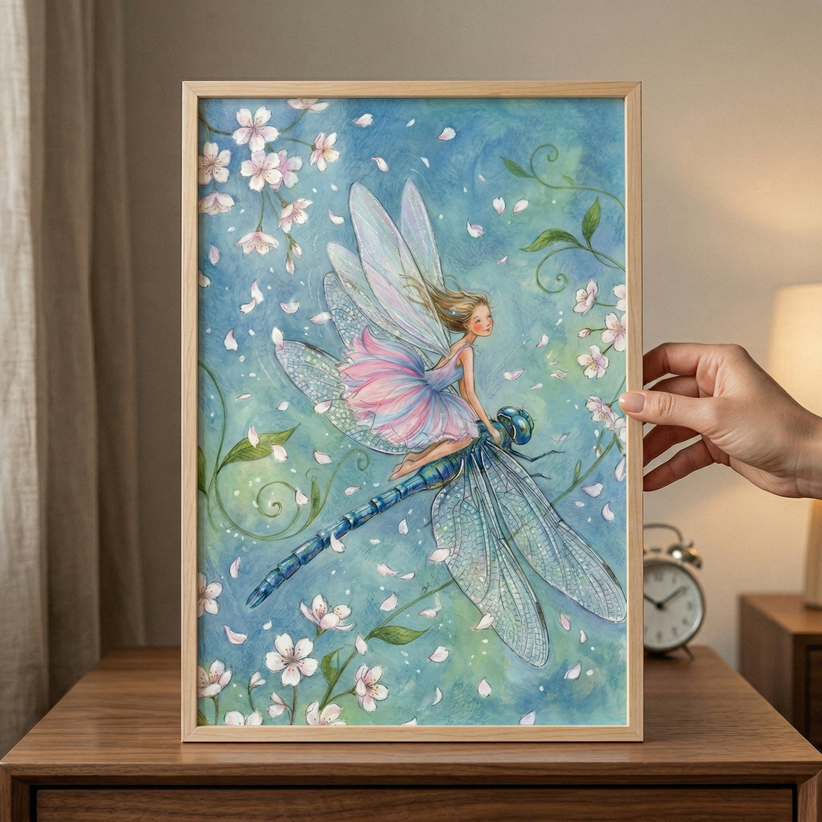 A framed whimsical illustration captures a small fairy with translucent wings and a pink ruffled dress riding on the back of a large, iridescent blue and green dragonfly. The scene is set against a dreamy blue and green background filled with delicate pink blossoms and drifting petals. Swirling green vines weave through the ethereal sky. The artwork is held in a light-colored wood frame by a hand and sits on a wooden surface in a softly lit room, with a glimpse of a clock and lamp in the background.