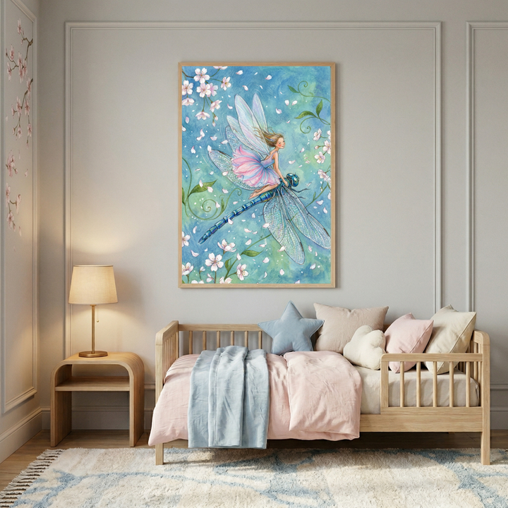 A serene and whimsical child's bedroom features light gray walls with elegant molding. In the center, a light wood toddler bed is styled with a soft pink comforter and a pale blue throw. An array of decorative pillows, including a blue star-shaped one and a white cloud-shaped one, adds a cozy touch. 
Above the bed hangs a large, light-wood framed vertical illustration of a tiny winged girl in a pink dress riding on the back of a shimmering blue dragonfly. 