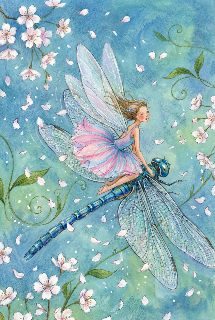 Whimsical wall art print of a fairy in a pink and blue petal dress riding a shimmering blue dragonfly through floating cherry blossom petals. Soft blue and green background with delicate flowers and curling vines gives the scene a dreamy storybook feel.
