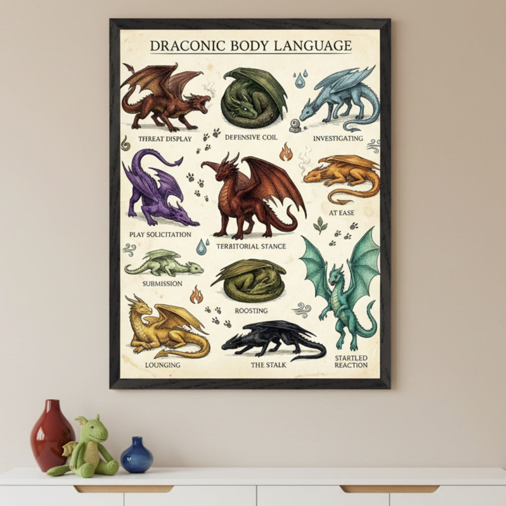 Neutral room with a white cabinet below. A black-framed poster titled 'DRACONIC BODY LANGUAGE' hangs centered above the cabinet, displaying 12 illustrated dragons showing different stances and emotions.