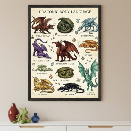 Neutral room with a white cabinet below. A black-framed poster titled 'DRACONIC BODY LANGUAGE' hangs centered above the cabinet, displaying 12 illustrated dragons showing different stances and emotions.