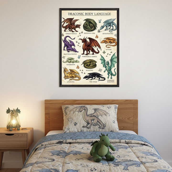 Kid's bedroom with a wooden bed and dragon-themed bedding. A framed "Draconic Body Language" poster, featuring 12 illustrated dragons in various poses, hangs above the bed. A dragon lamp is on the nightstand, and a green dragon plush sits on the bed.