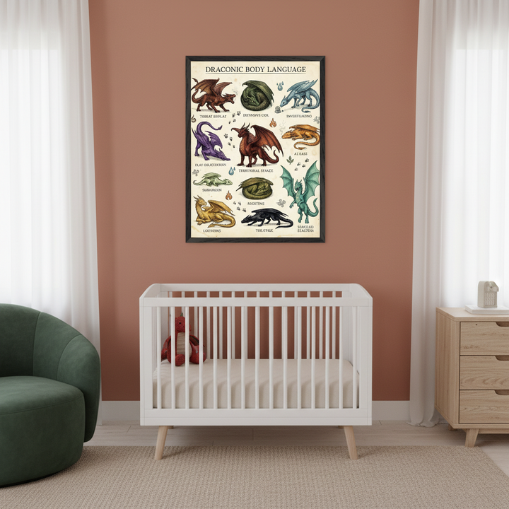 Modern nursery with a white crib and green armchair. A black-framed "Draconic Body Language" poster, featuring 12 cartoon-style dragons illustrating different poses, hangs centered above the crib on a terracotta wall. A wooden dresser is on the right.