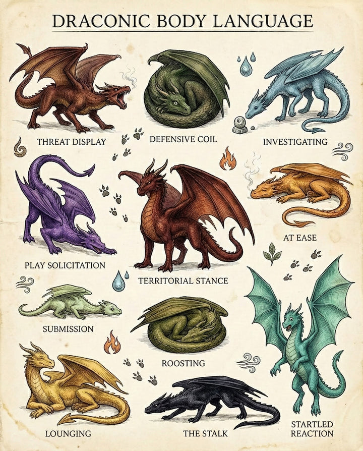 A detailed guide to dragon body language, featuring various poses and expressions, including threat displays, submissive stances, and relaxed lounging, portrayed with vibrant, mythical artistry.
