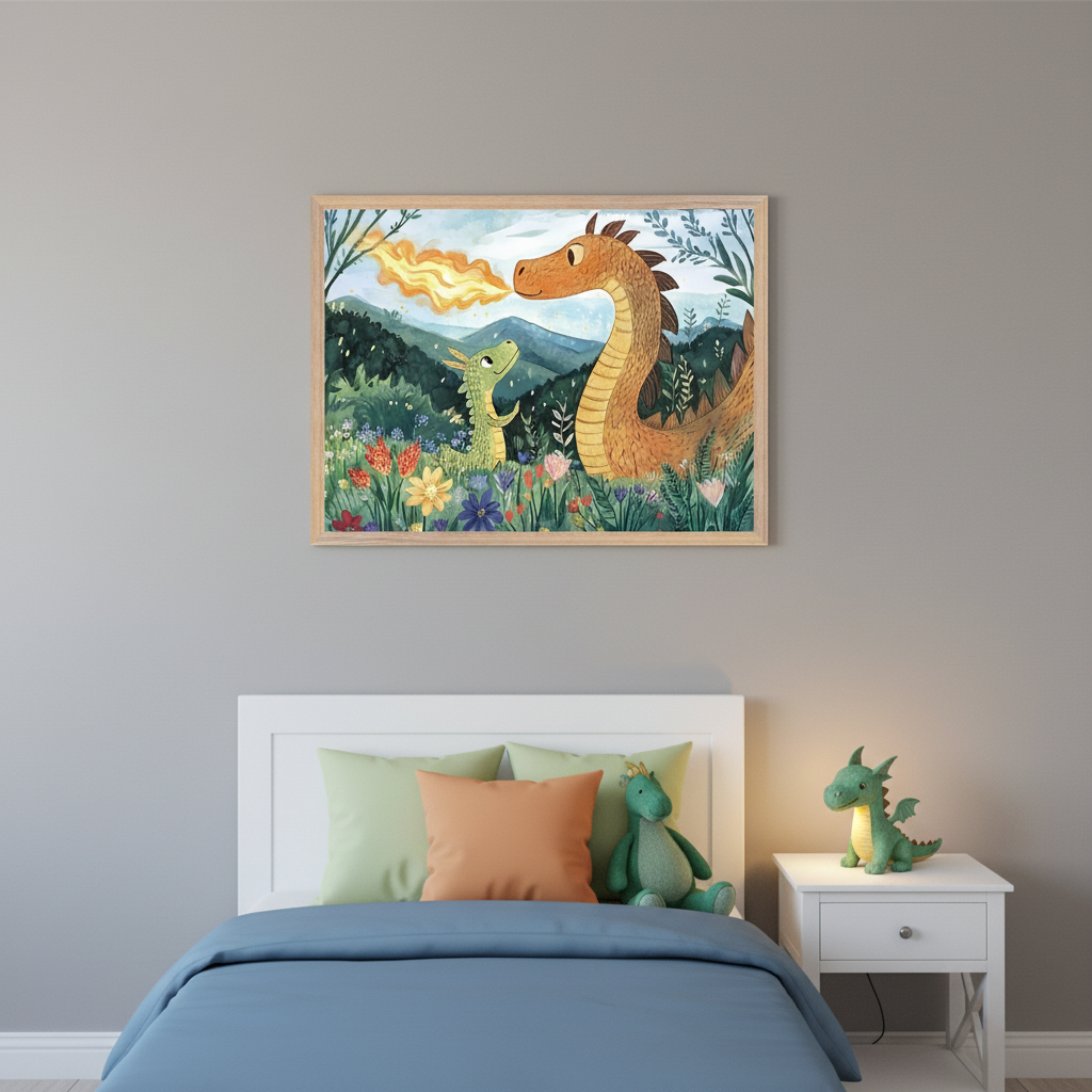 Kid's bedroom with a white bed, blue duvet, and green dragon plush against a gray wall. A large framed watercolor print of an adult orange dragon and a baby green dragon in a flowery landscape, with the adult breathing fire, hangs centered above the bed. A glowing green dragon lamp is on a white nightstand.