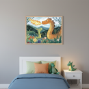 Kid's bedroom with a white bed, blue duvet, and green dragon plush against a gray wall. A large framed watercolor print of an adult orange dragon and a baby green dragon in a flowery landscape, with the adult breathing fire, hangs centered above the bed. A glowing green dragon lamp is on a white nightstand.