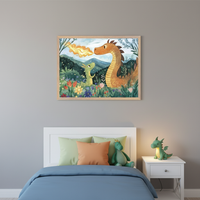 Kid's bedroom with a white bed, blue duvet, and green dragon plush against a gray wall. A large framed watercolor print of an adult orange dragon and a baby green dragon in a flowery landscape, with the adult breathing fire, hangs centered above the bed. A glowing green dragon lamp is on a white nightstand.