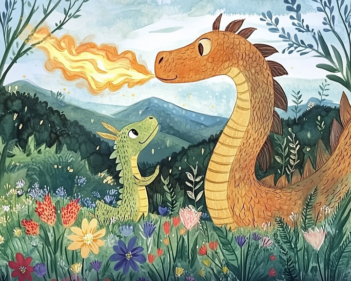 A charming illustration depicts a large orange dragon playfully breathing fire, while a small green dragon gazes up in admiration. They stand in a vibrant meadow filled with colorful wildflowers, against a backdrop of rolling hills and a clear blue sky.