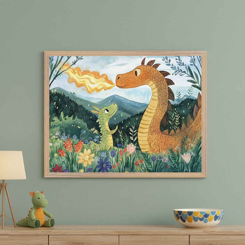 Kid's room with a wooden dresser, lamp, and dragon plush toy. Above the dresser hangs a large framed watercolor print of an orange dragon breathing fire at a smaller green dragon in a flowery landscape with mountains. A patterned bowl is also on the dresser.