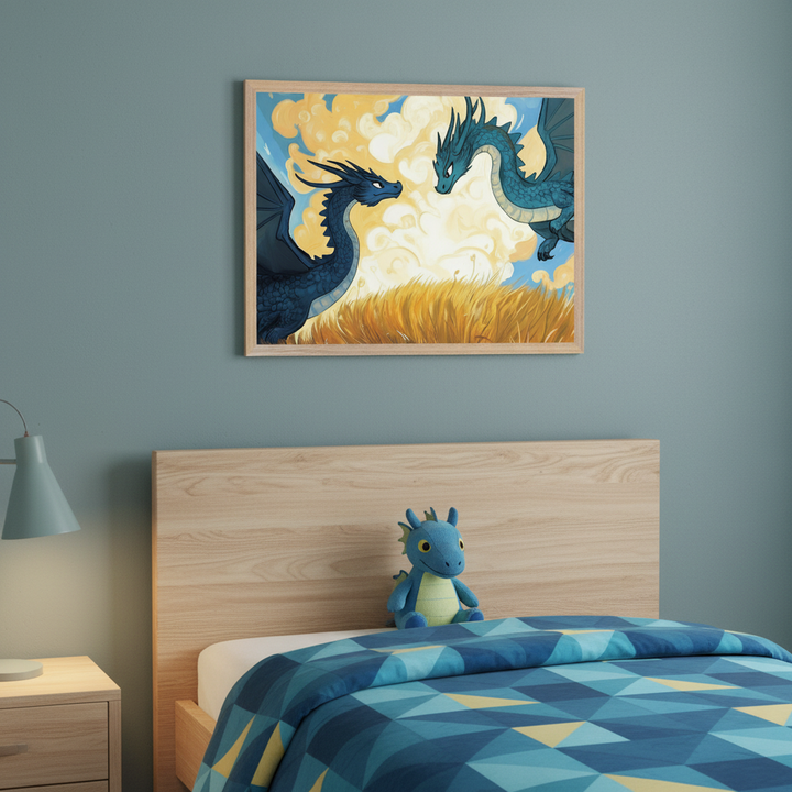 Kid's bedroom with a wooden bed, blue geometric duvet, and blue dragon plush. A wooden nightstand with a blue lamp is to the left. A framed fantasy print depicting two blue dragons over golden grass beneath a bright, cloudy sky hangs centered above the bed.