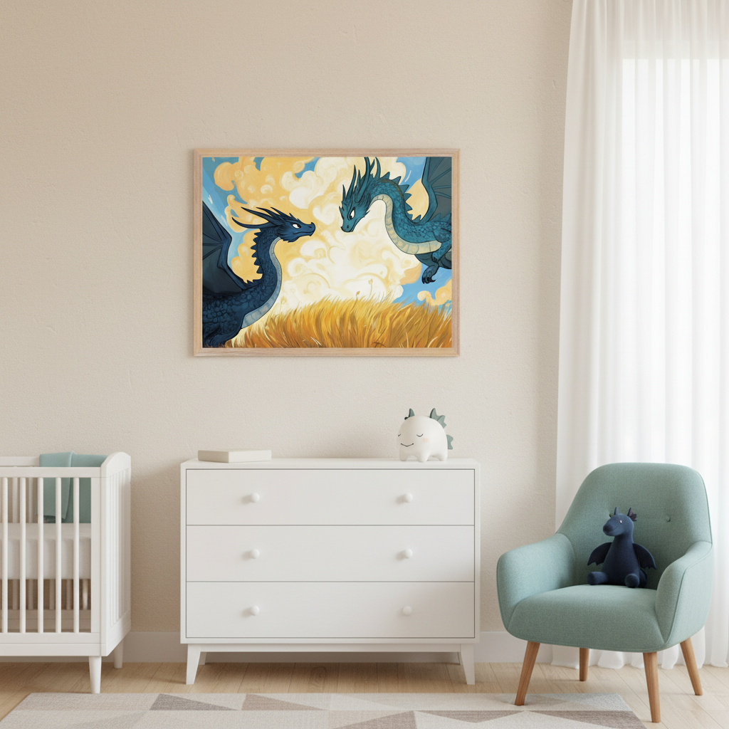 Modern nursery with a white crib and white dresser. A mint green armchair is on the right. A framed illustration of two blue dragons, one on the ground and one flying, in a field with a cloudy sky, hangs centered above the dresser.