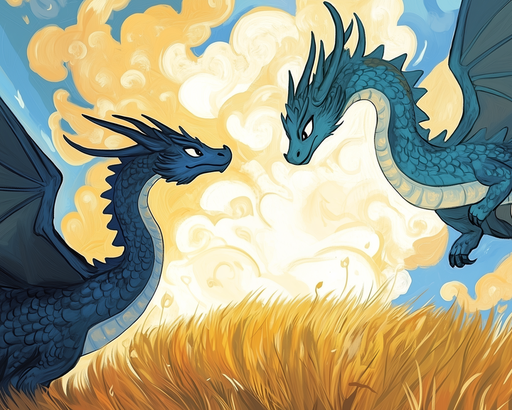 Two blue dragons face each other in a vibrant, swirling sky. One dragon stands in a golden field, while the other flies above, both displaying intricate scales and sharp horns. The background features dynamic, swirling clouds in warm hues.
