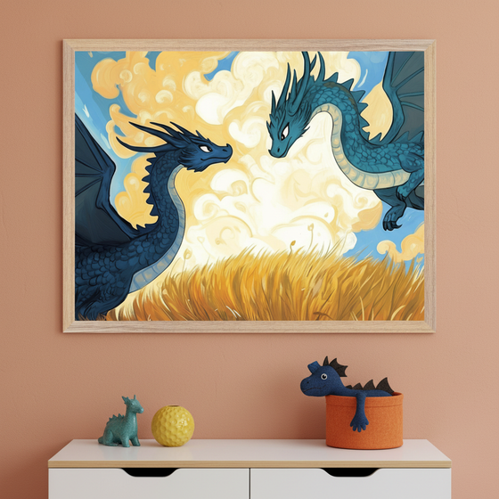 Kid's room with a white dresser against an orange wall. A large framed print of two blue dragons among yellow clouds and golden grass hangs above the dresser. A green dragon figurine, a yellow vase, and a blue dragon plush in an orange basket are on the dresser.