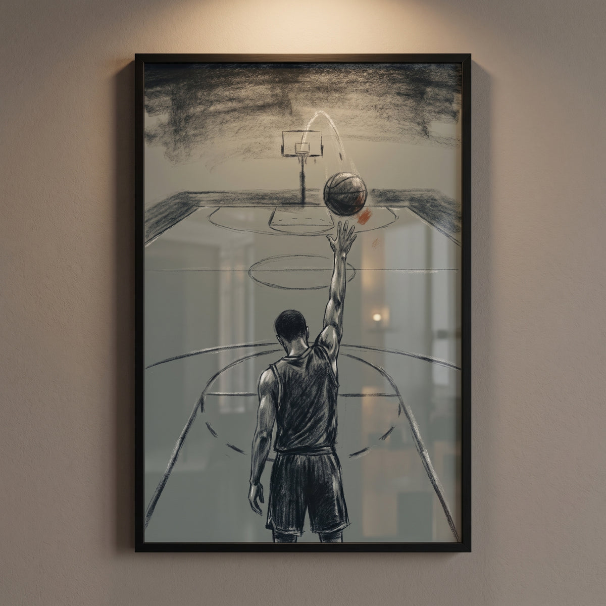 Framed dramatic charcoal basketball player sports wall art shows an athlete shooting a ball toward a hoop from behind.