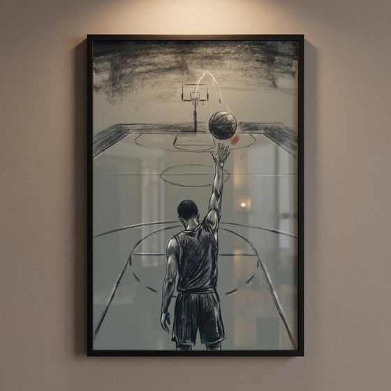 Framed dramatic charcoal basketball player sports wall art shows an athlete shooting a ball toward a hoop from behind.