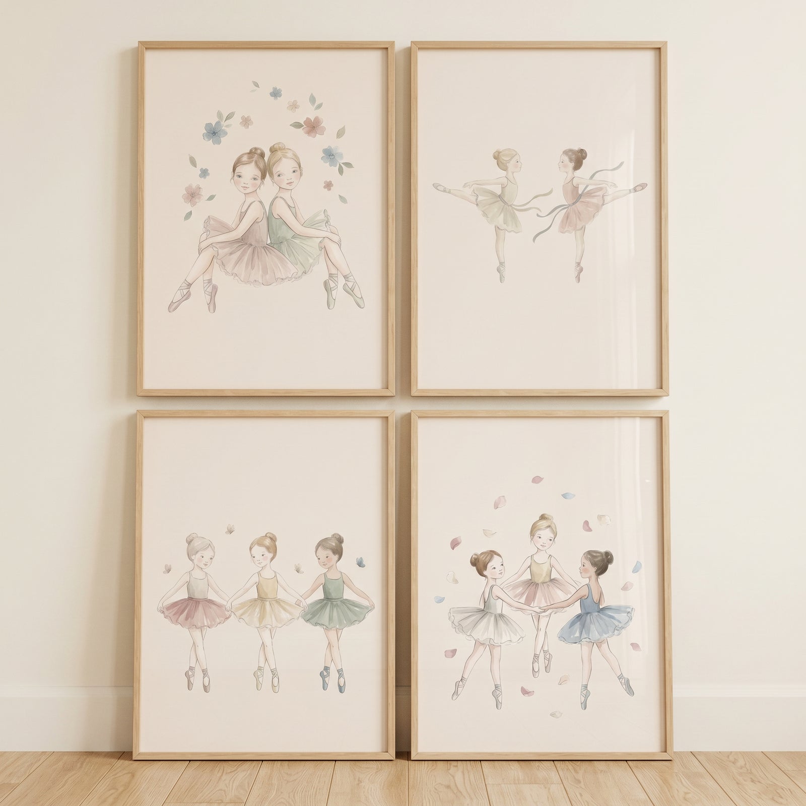Dreamlike watercolor little ballerina wall art set of 4 featuring young dancers in pastel tutus and ballet poses.