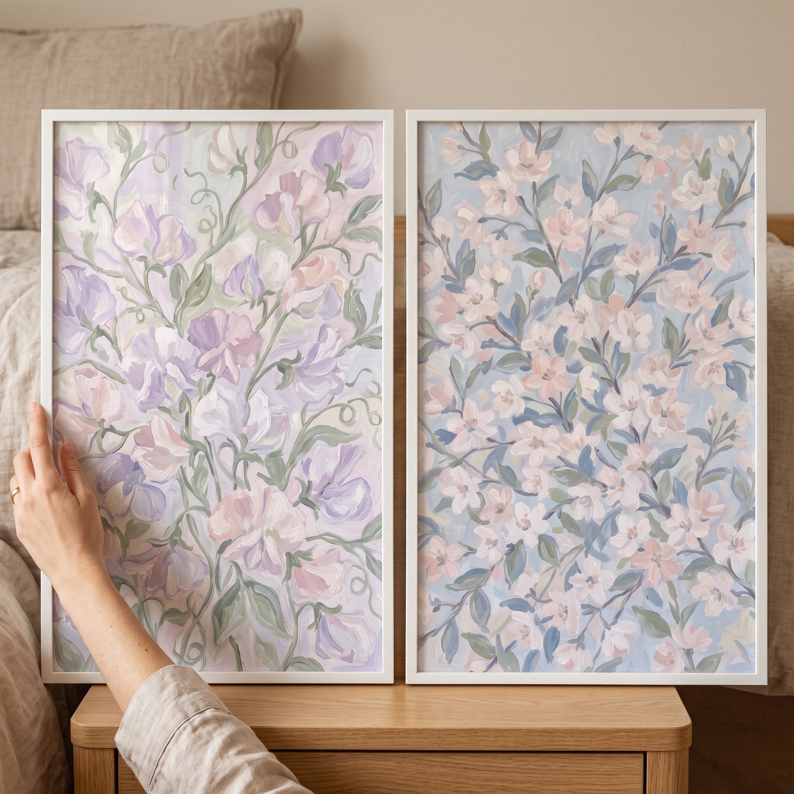 Dreamy airy spring floral wall art set of 2 with pastel sweet peas and pink blossoms in white frames.