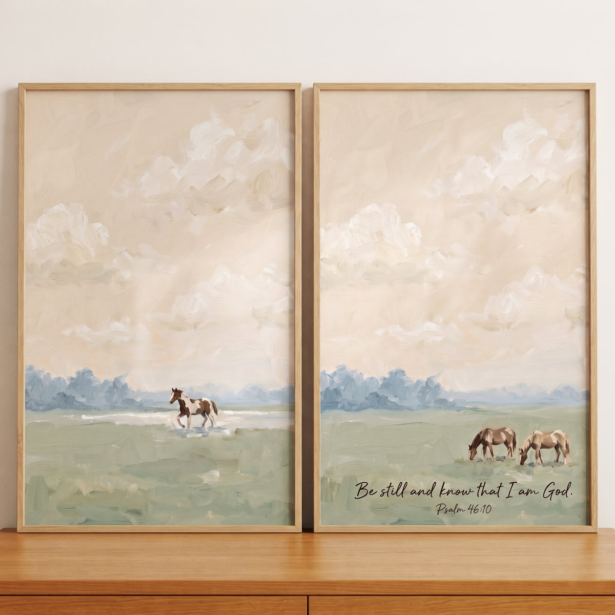 Dreamy apricot clouds horse wall art set of 2 features horses in a landscape with Psalm 46:10 text.