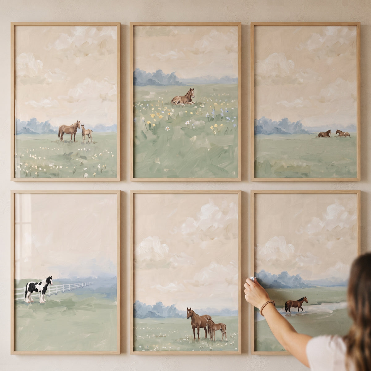 Dreamy apricot sky horse artwork set of 6 features horses grazing in soft green fields under a hazy, warm sky.