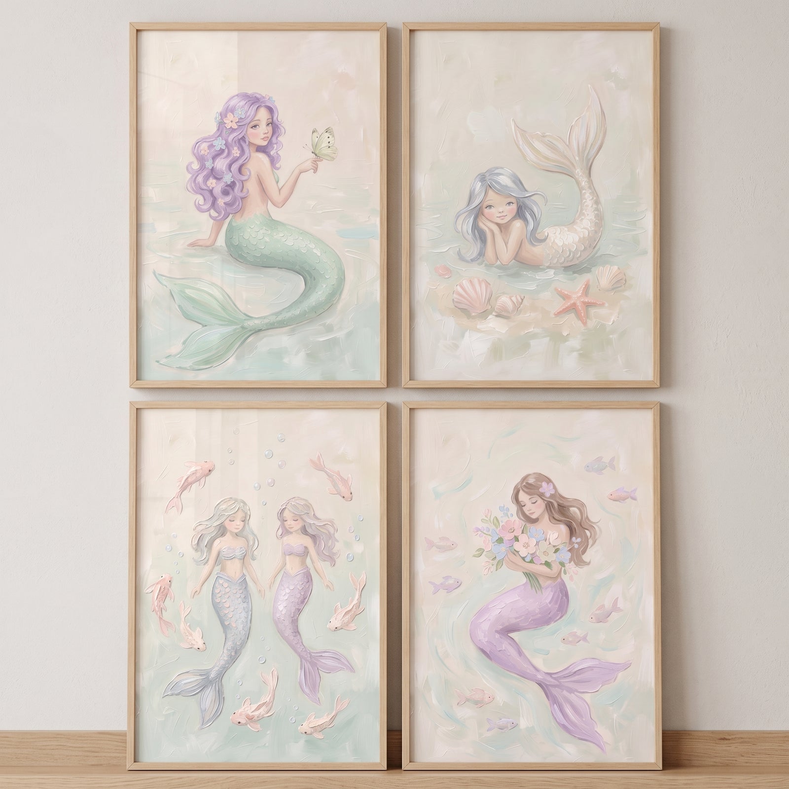 Dreamy aquatic fantasy mermaid wall art set of 4 features pastel mermaids with shells, fish, and flowers in wood frames.