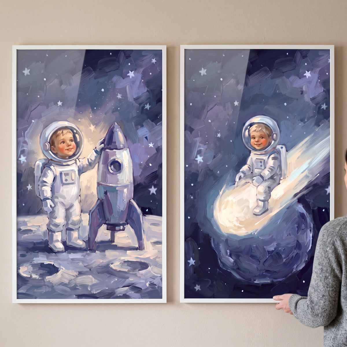 Dreamy Blue Child Astronaut Wall Art Set of 2 - Starry Voyage