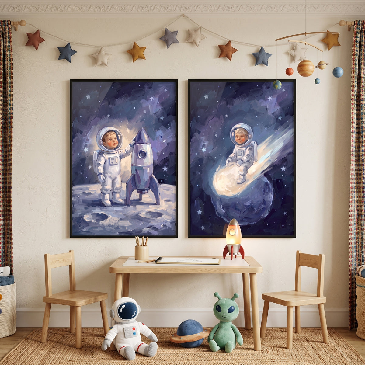 Dreamy Blue Child Astronaut Wall Art Set of 2 - Starry Voyage
