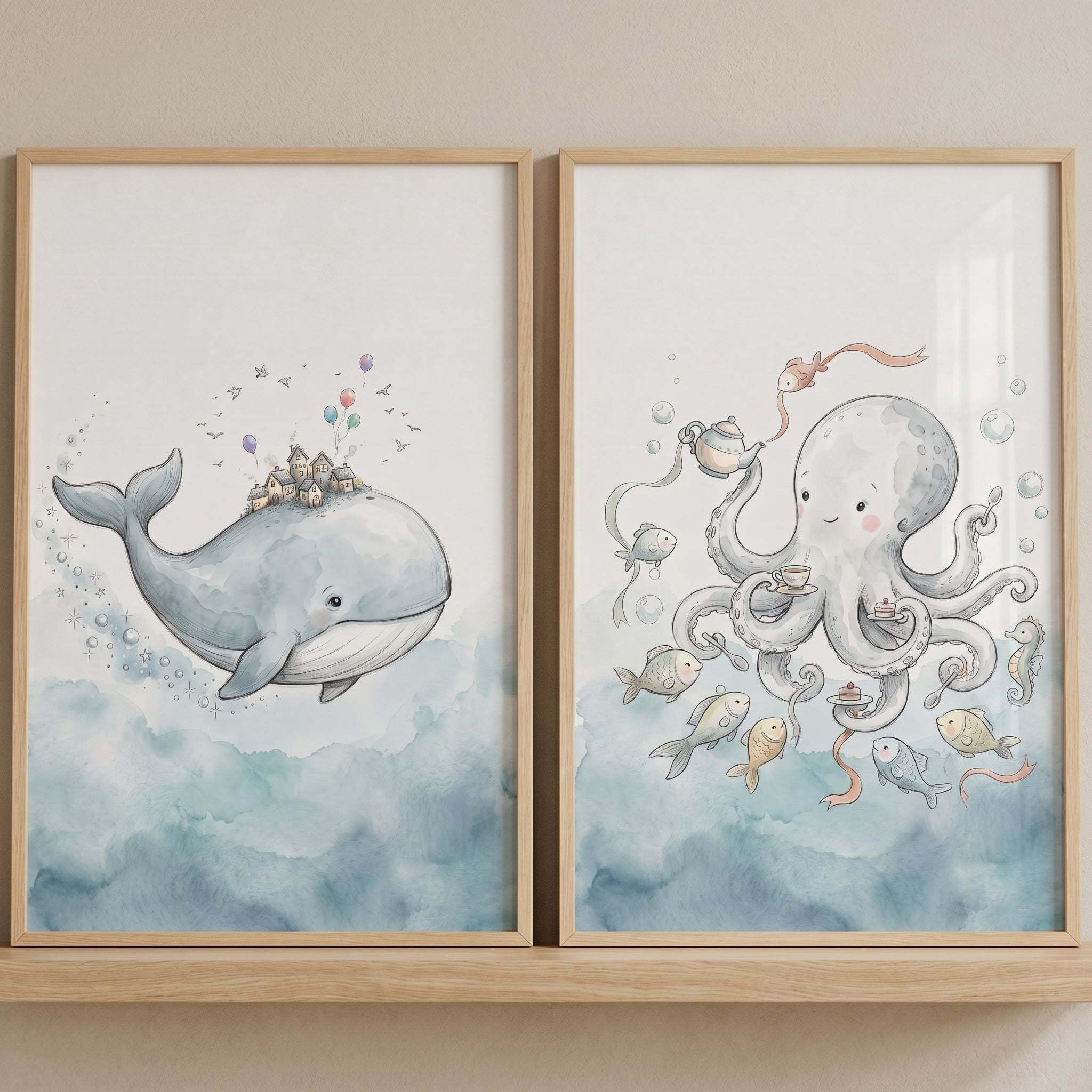 Dreamy Blue Ocean Animal Wall Art Set Of 2 - Whimsical Sea Friends