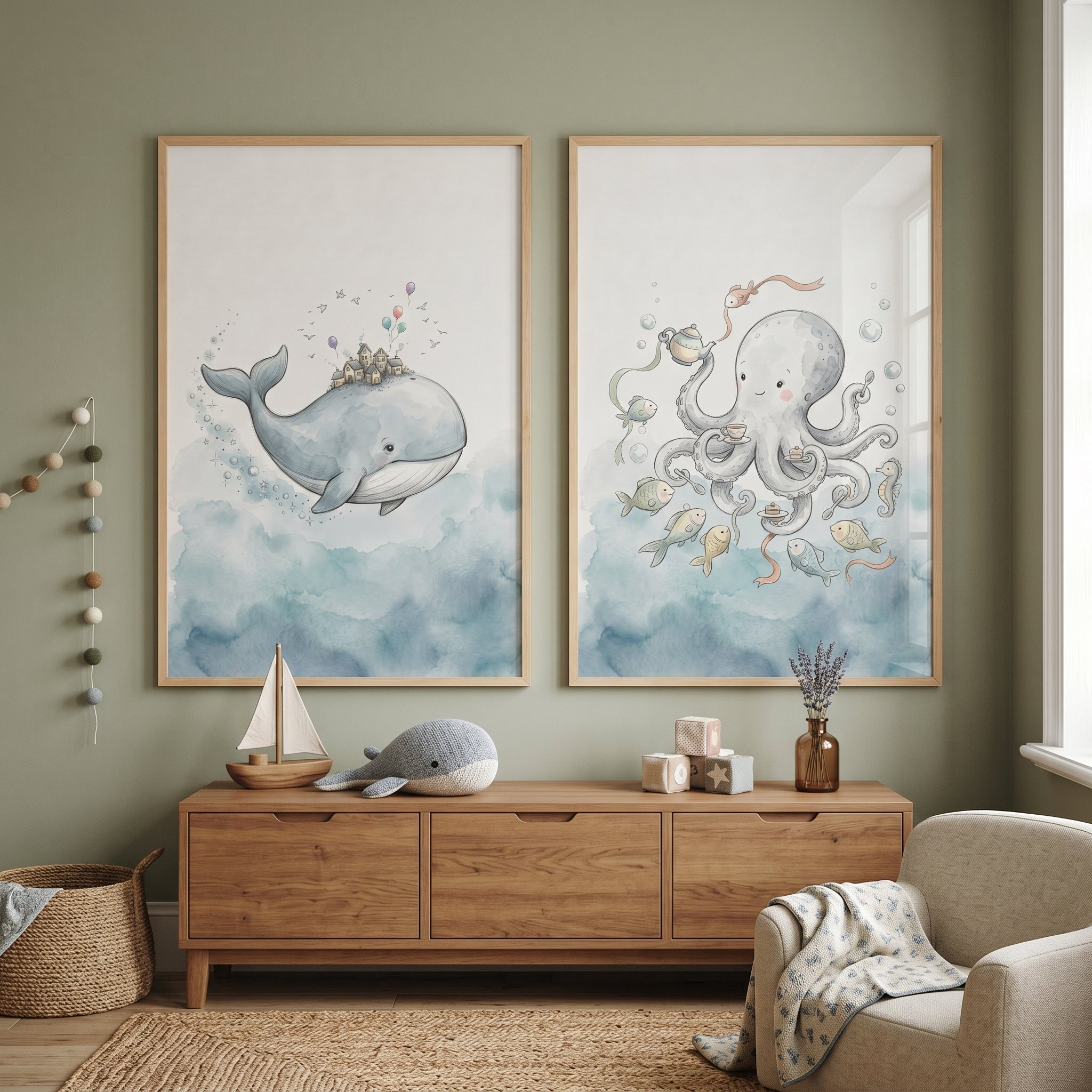 Dreamy Blue Ocean Animal Wall Art Set Of 2 - Whimsical Sea Friends